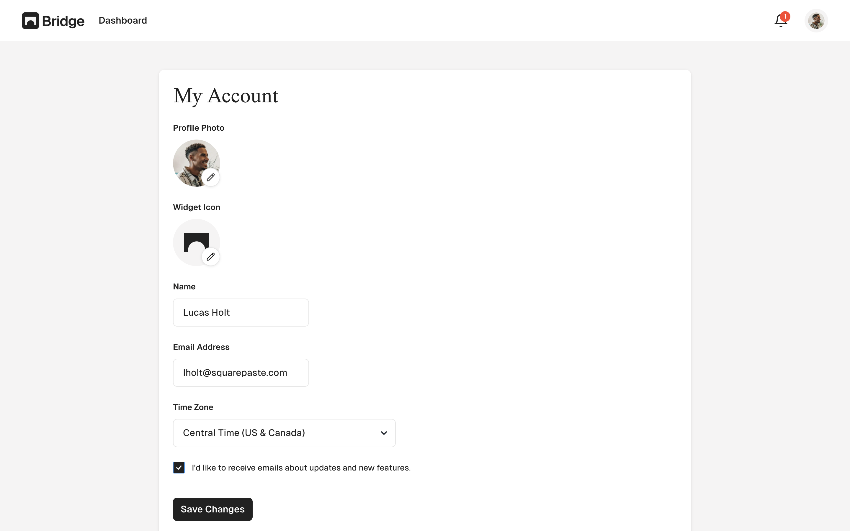 Bridge dashboard showing account settings page