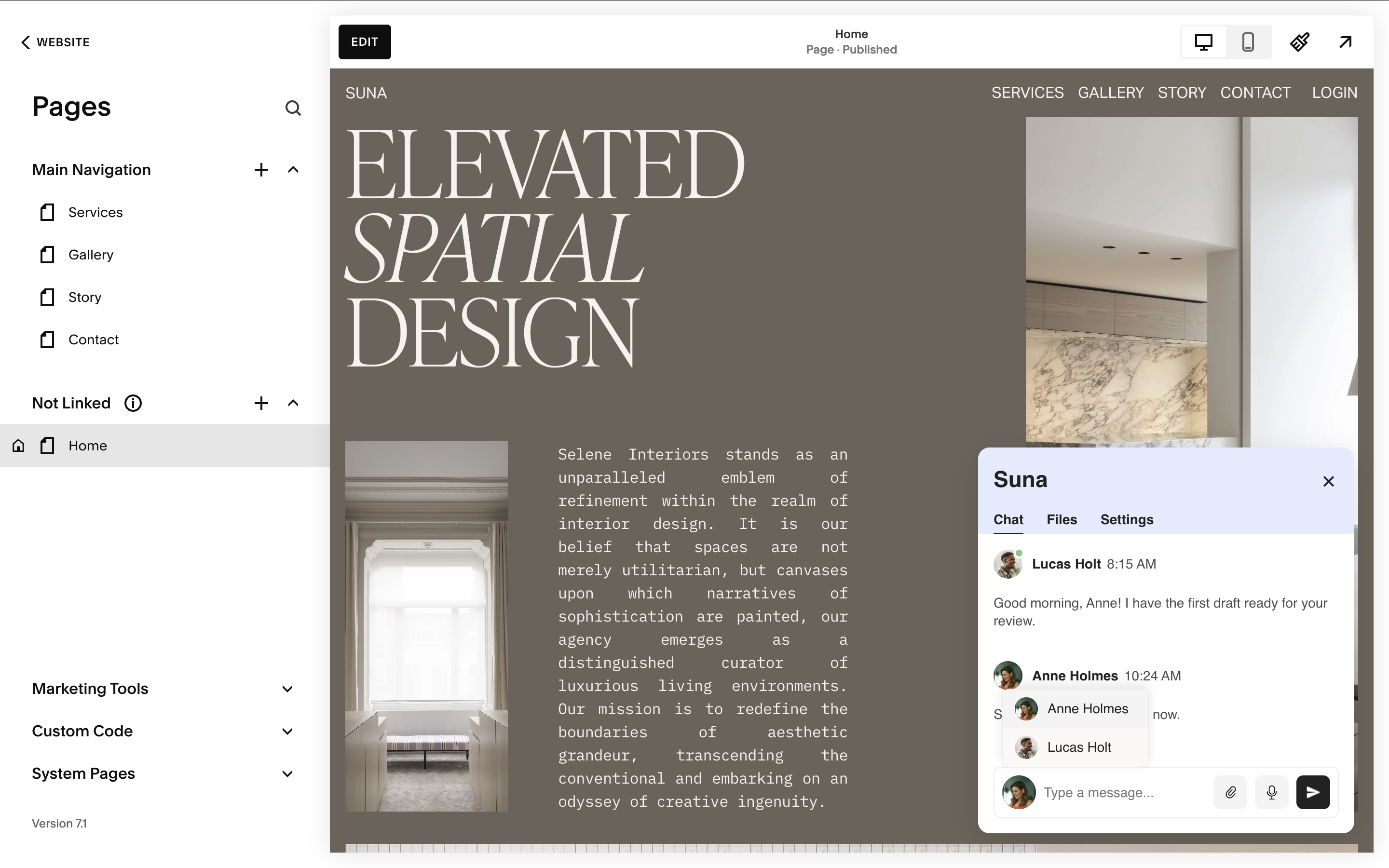 Bridge widget showing the chat interface with profile photo to switch between message senders